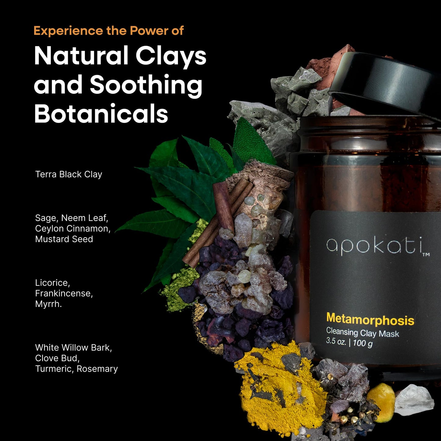 Apokati Metamorphosis Cleansing Clay Mask with Organic Herbs, Natural Resins, and Mineral-Rich Formula, Suitable for Sensitive Skin, 3.5oz (100g)