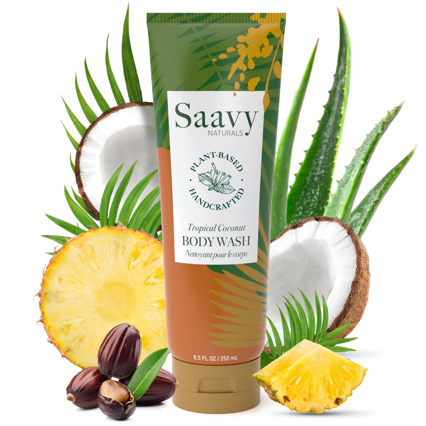 Saavy Naturals Moisturizing Body Wash for Sensitive Skin – Plant-Based & Pure with Coconut Oil, Shea Butter & Aloe Vera – Paraben-Free, Cruelty-Free – Tropical Coconut – 8.5 fl oz, 1 pack