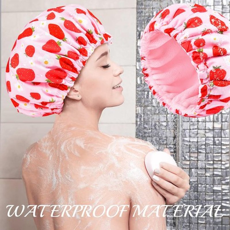 Shower Cap for Women Terry Lined Bath Cap Large Reusable Waterproof Elastic Band Pink Strawberry Shower Caps for Long Thick Hair Soft Bath Shower Hair Caps