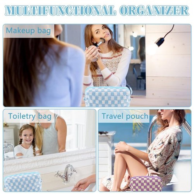ZLFSRQ 2Pcs Checkered Makeup Bag for Women Travel Medium Small Cosmetic Bag Set Cute Blue Purple Makeup Pouch Purse Zippered Toiletry Bag Organizer Cute Y2K Trendy Aesthetic Makeup Brushes Storage Bag