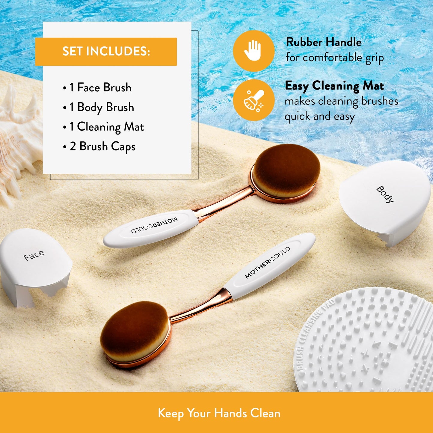 Mothercould Sunscreen Brush Set - Lotion Applicator for Kids, Babies, Families, and Adults | Safe for Face & Body | Travel-Friendly Design with Protective Caps & Cleaning Mat (2 Pack) (White)