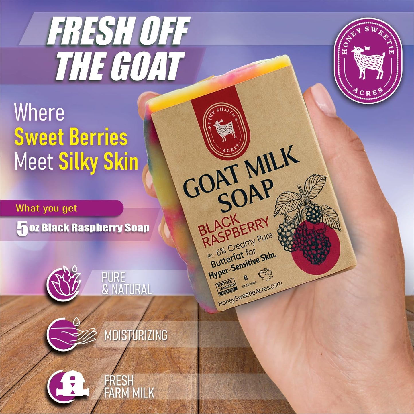 Honey Sweetie Acres Black Raspberry Goat Milk Soap - Handmade 5 oz Bar, Made with Natural Ingredients, Moisturizing & Gentle, Made in the USA (Black Raspberry)