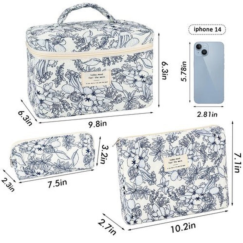 URSKYTOUS 3Pcs Cotton Quilted Makeup Bag for Women Girls Large Small Travel Black Floral Cosmetic Bags Set Cute Coquette Makeup Pouch for Purse Aesthetic Cloth Flower Storage Toiletry Bag Organizer