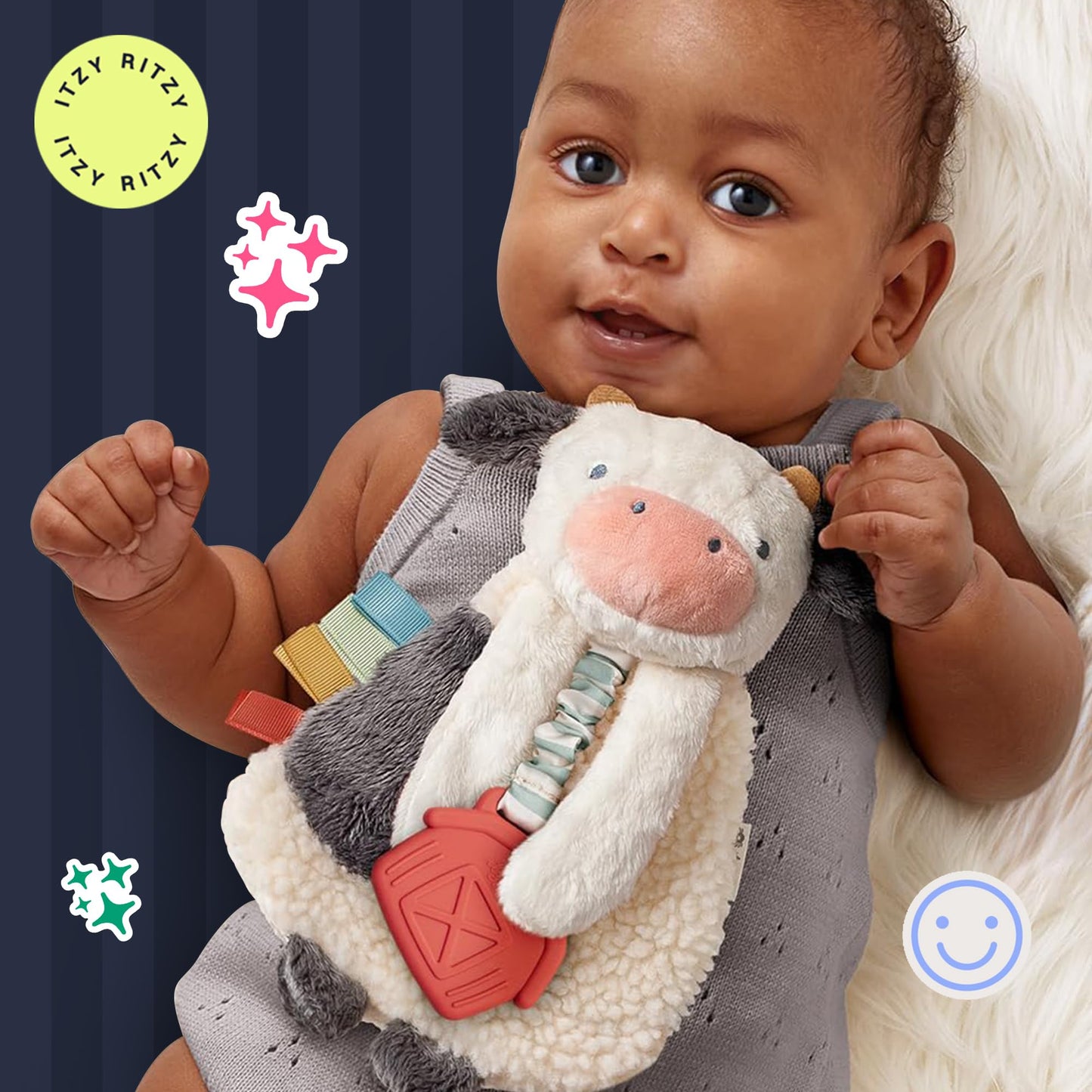 Itzy Ritzy - Itzy Lovey Including Teether - Baby Lovey with Teether, Textured Ribbons & Dangle Arms - Features Crinkle Sound, Sherpa Fabric and Minky Plush (Cow)