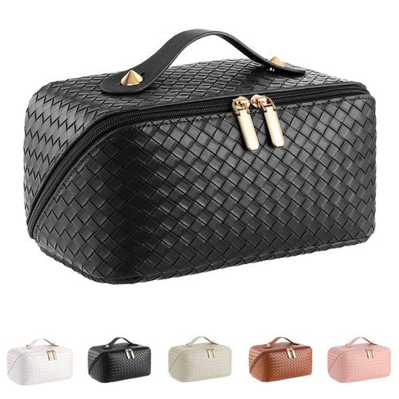 ALEXTINA Large Capacity Travel Cosmetic Bag - PU Leather Makeup Organizer Bag Portable Woven Makeup Bags for Women Waterproof Travel Toiletry Bag with Divider Pouch, Black