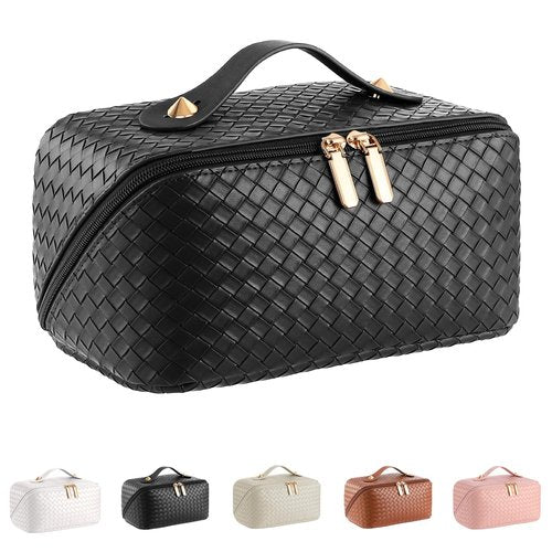 ALEXTINA Large Capacity Travel Cosmetic Bag - PU Leather Makeup Organizer Bag Portable Woven Makeup Bags for Women Waterproof Travel Toiletry Bag with Divider Pouch, Black