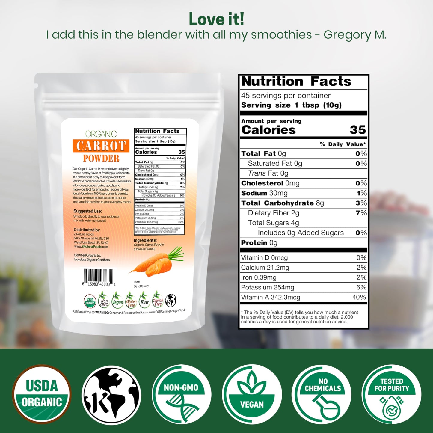 Z Natural Foods Organic Carrot Powder, Natural Superfood Powder for Vision and Heart Health, Great in Juices, Smoothies, and Recipes, Non-GMO, Vegan, Gluten-Free, Kosher, 1 lb.