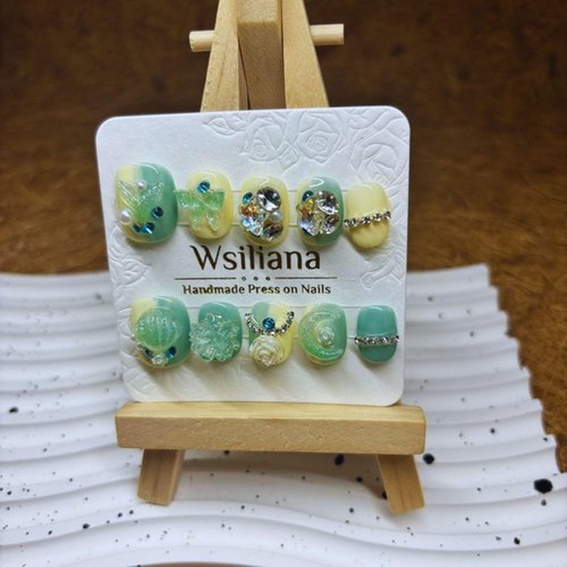 Wsliana Handmade Press On Nails - Short Round Shape with Shell, Moon, Fish Tail, Butterfly, and Diamond Decorations, 10pcs Glue On Acrylic Fake Nails with Storage Box | Stylish and Creative (033 S)