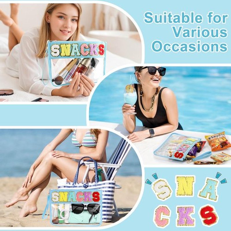 Snack Bag for Travel - Clear Chenille Varsity Letter Flat Pouch with Zipper, Waterproof Clear PVC&PU Preppy Patch Makeup Cosmetic tote Bags for Women Girls (Blue-Snacks)