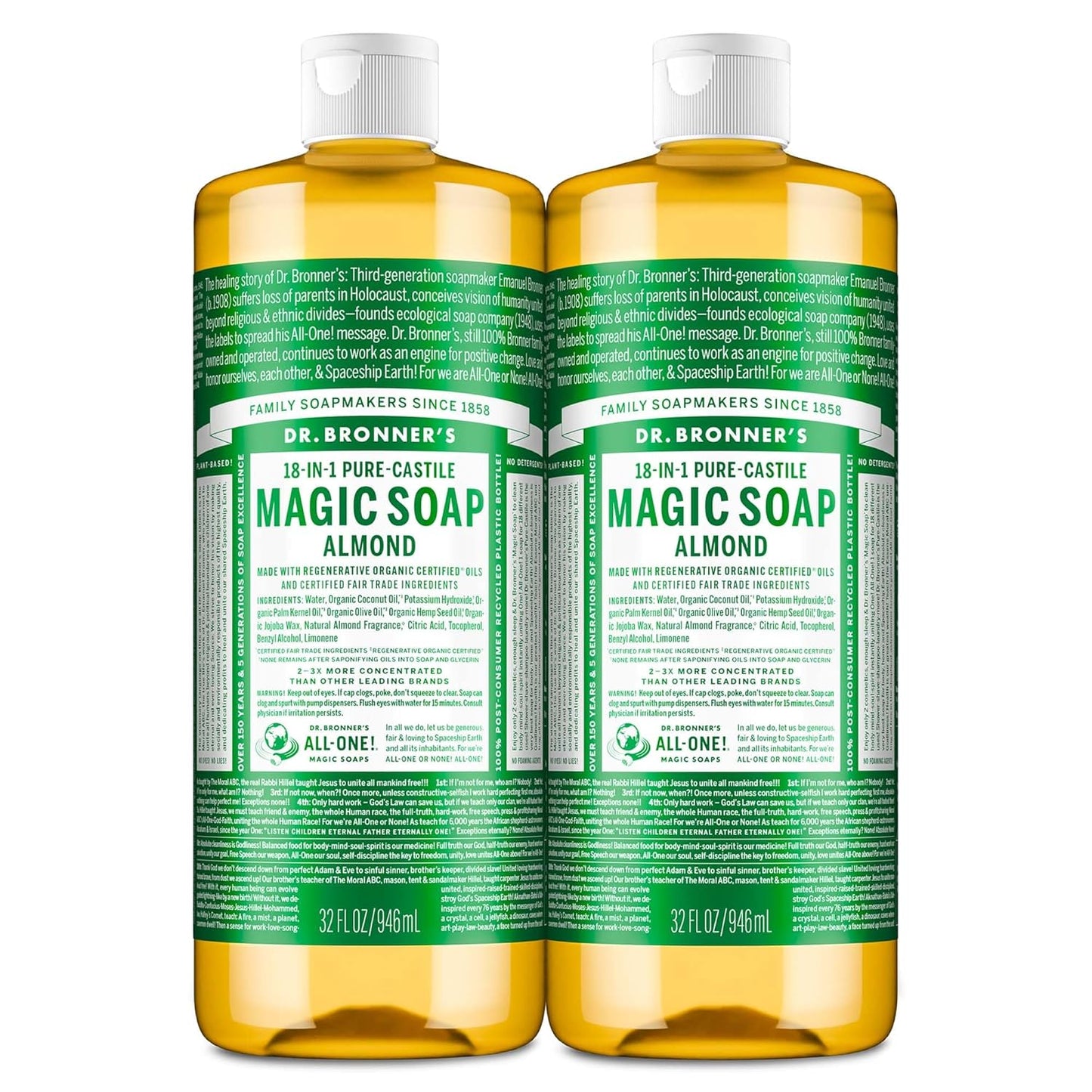 Dr. Bronner's - Pure-Castile Liquid Soap (Almond, 32 ounce) - Made with Organic Oils, 18-in-1 Uses: Face, Body, Hair, Laundry, Pets and Dishes, Concentrated, Vegan, Non-GMO