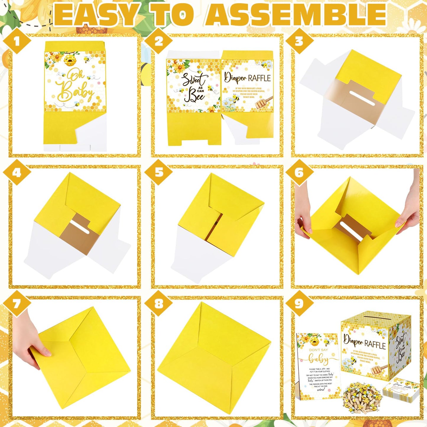 Dispowreath 102 Pcs Baby Shower Game Supplies Diaper Raffle Tickets with Diaper Raffle Card Box Don't Say Baby Sign Mini Clothespin Shower Game Decor for Gender Reveal (Bee)