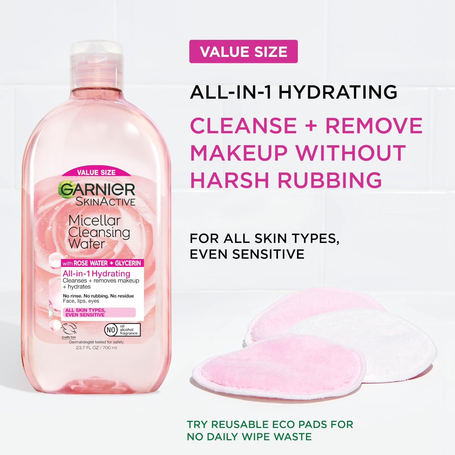 Garnier Micellar Water with Rose Water and Glycerin,Hydrating Facial Cleanser & Makeup Remover,For All Skin Types,Vegan,Cruelty Free,23.7 Fl Oz (700mL),(Pack of 2)
