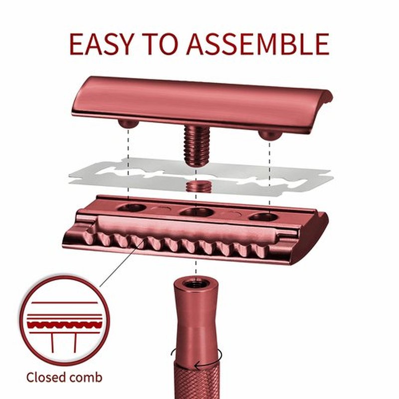 Bambaw Double Edge Safety Razor with Stand, Safety Shaving Razor with 5 Double Edge Safety Razor Blades, Eco-Friendly Razor for Shaving – Red