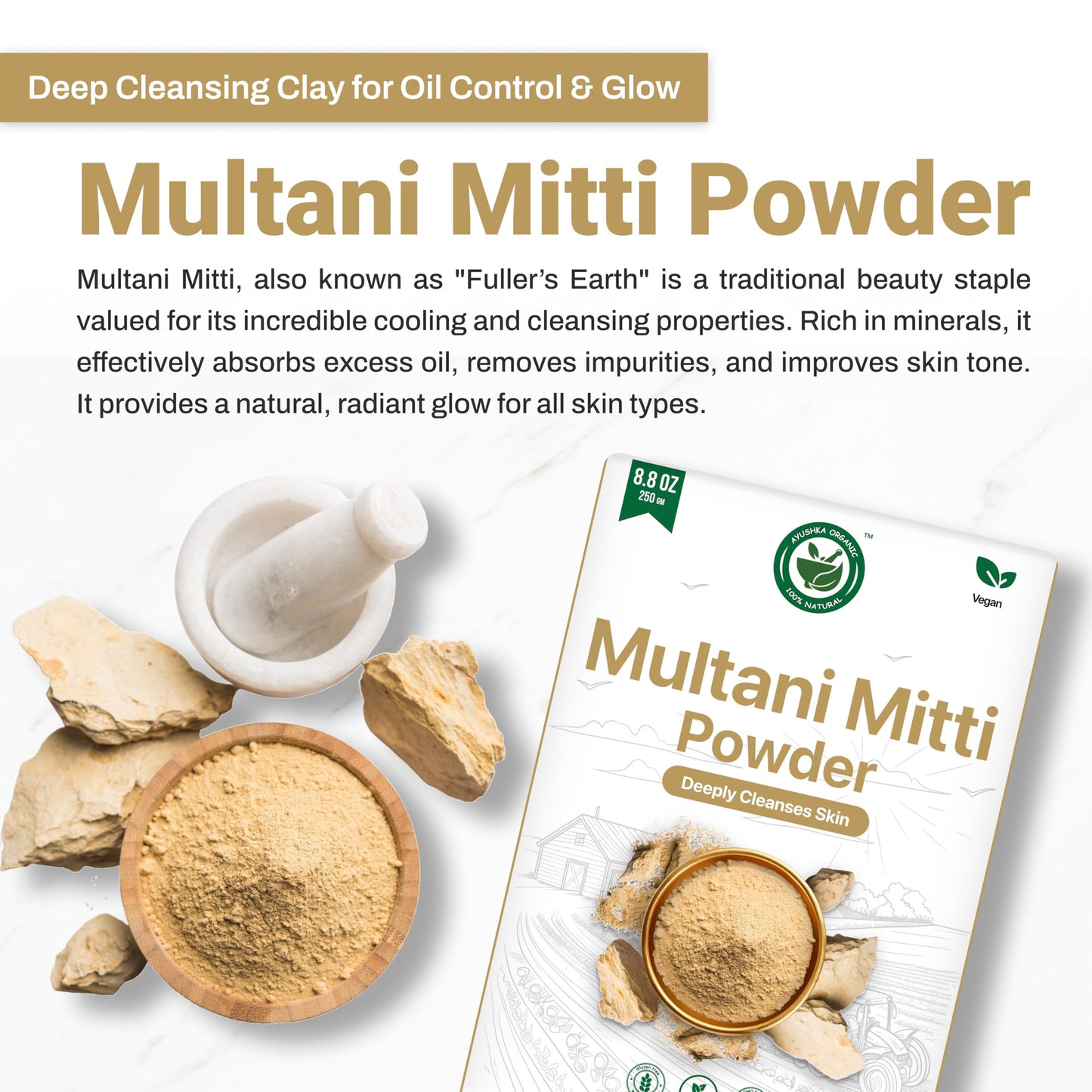 Multani Mitti Powder | Indian Healing Clay | 100% Pure Fullers Earth Powder for Natural Skin Tightening Face Mask | Deep Pores Cleansing | Bentonite Clay | Tan Removal Face Pack(8.8oz/250gm)