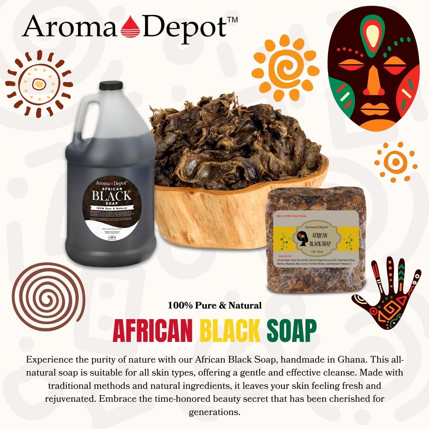 Aroma Depot Raw African Black Soap 1 lb. 100% Natural Raw Soap for Acne, Eczema, Psoriasis, Scar Removal Face And Body Wash. Handmade