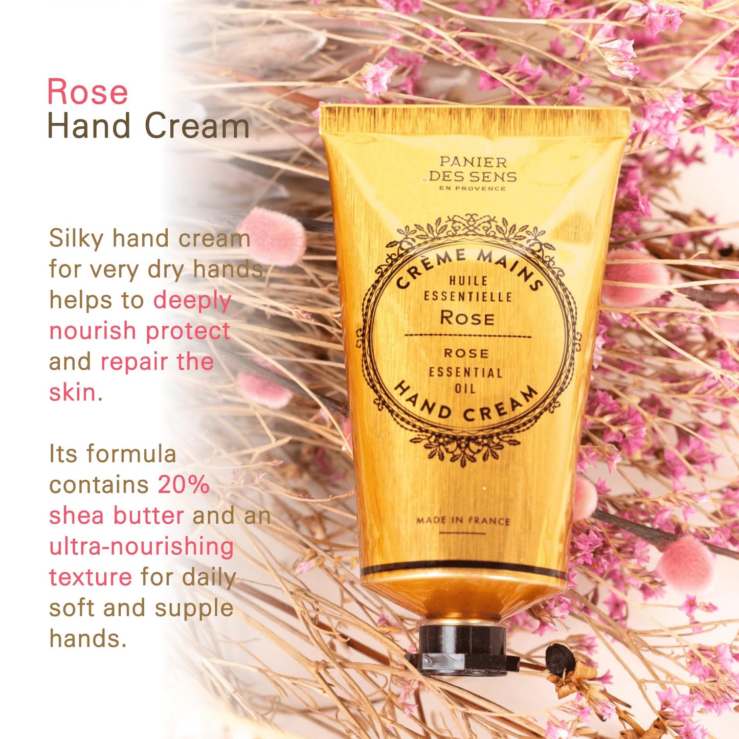Panier des Sens – Rose Hand Cream – Moisturizing Hand Lotion for Dry Skin – Premium French Hand Cream, Softening Care for Women, 97% Natural Ingredients, 2.5 Fl Oz