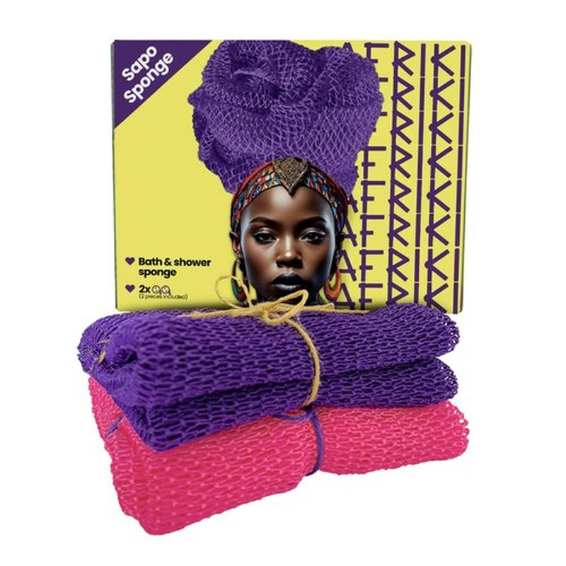 AFRIKI African Net Sponge Exfoliating Washcloth, 2 Pieces African Exfoliating Sponge, Real, Authentic, Black Owned Bath Sponge, Back Scrubber, Dead Skin Remover