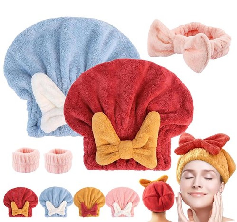 bokando Super Absorbent Hair Towel Wrap for Wet Hair, Efficient Hair Towel Wrap for Women, Quick-Drying Thickened Soft Bow Tie Hair Towel Wrap for Wet Frizzy Long Thick Hair (Red&Blue)