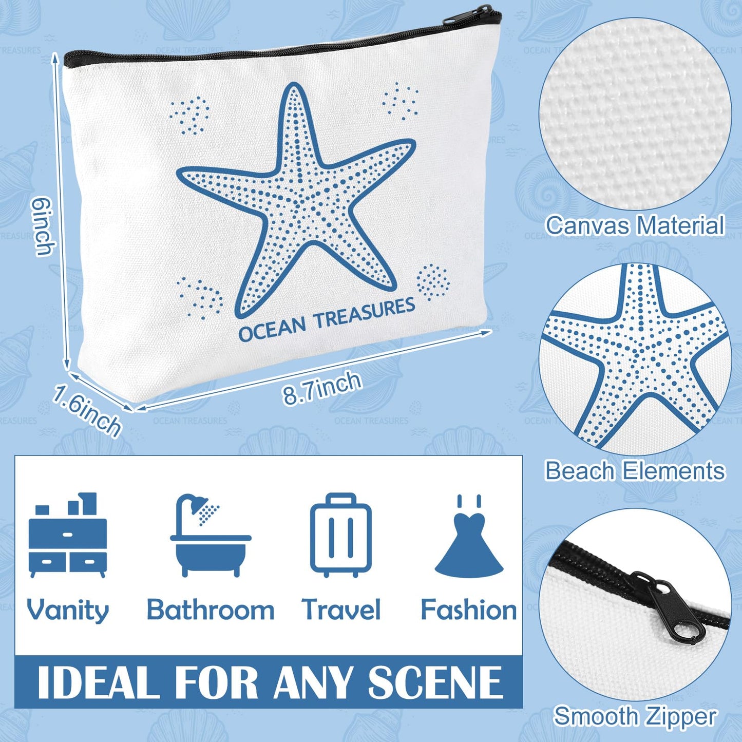 Sunnymove 4 Pack Coastal Cosmetic Bags Beach Ocean Themed Gifts Makeup Pouches Zippered Travel Toiletry Bags for Women Beach Summer Trip Organizer Set(Simple)