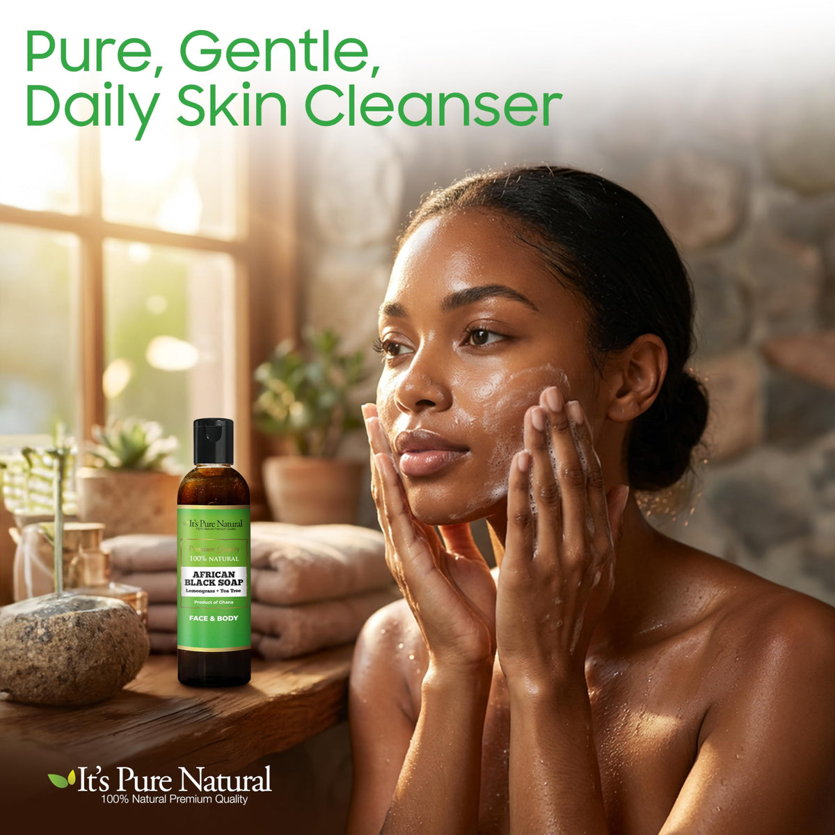 It's Pure Natural African Black Soap, Liquid Form, Traditional Handmade Raw Soap with Shea Butter and Coconut Oil, Face and Body Cleanser, (8oz, Lemongrass + Tea Tree)