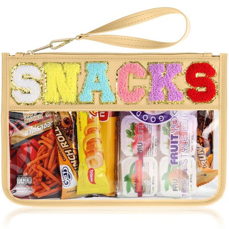 Snack Bag for Travel - Clear Chenille Varsity Letter Flat Pouch with Zipper, Waterproof Clear PVC&PU Preppy Patch Makeup Cosmetic tote Bags for Women Girls (Beige-Snacks)