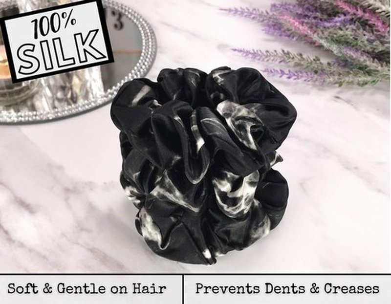 Celestial Silk Mulberry Silk Scrunchies for Hair (Black Marble)