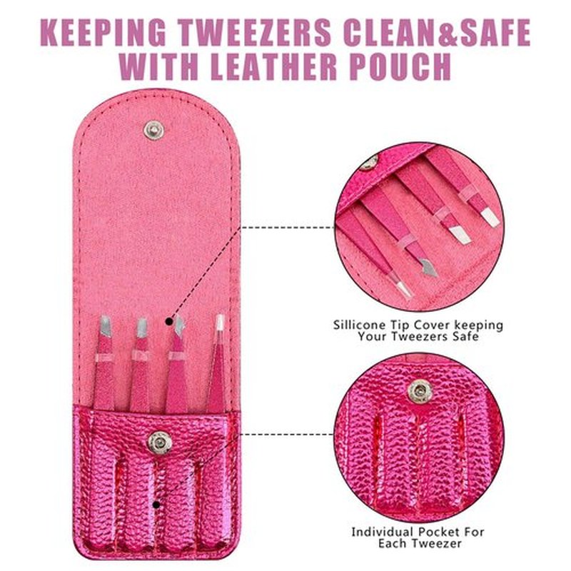 Amytor Eyebrow Tweezer Set, 4 Pcs Professional Stainless Steel Tweezers for Women, Precision Tweezer for Facial Hair, Splinter and Ingrown Hair Removal（Rose Red）