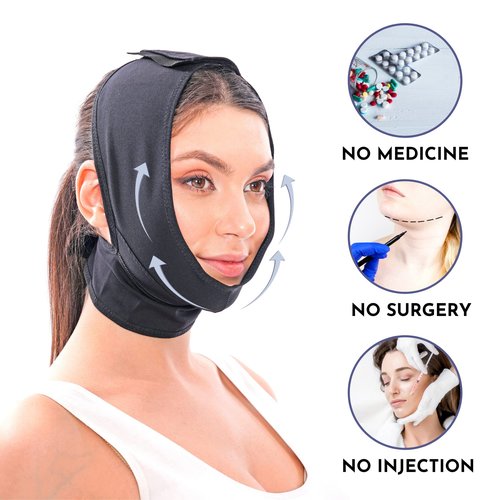 Post Surgery Facial Compression Neck Coverage Chin Strap, V-Shaped Face Slimmer, Jowl Tightening Chin Lifting Double Chin Reducer Band (S/M, Black)