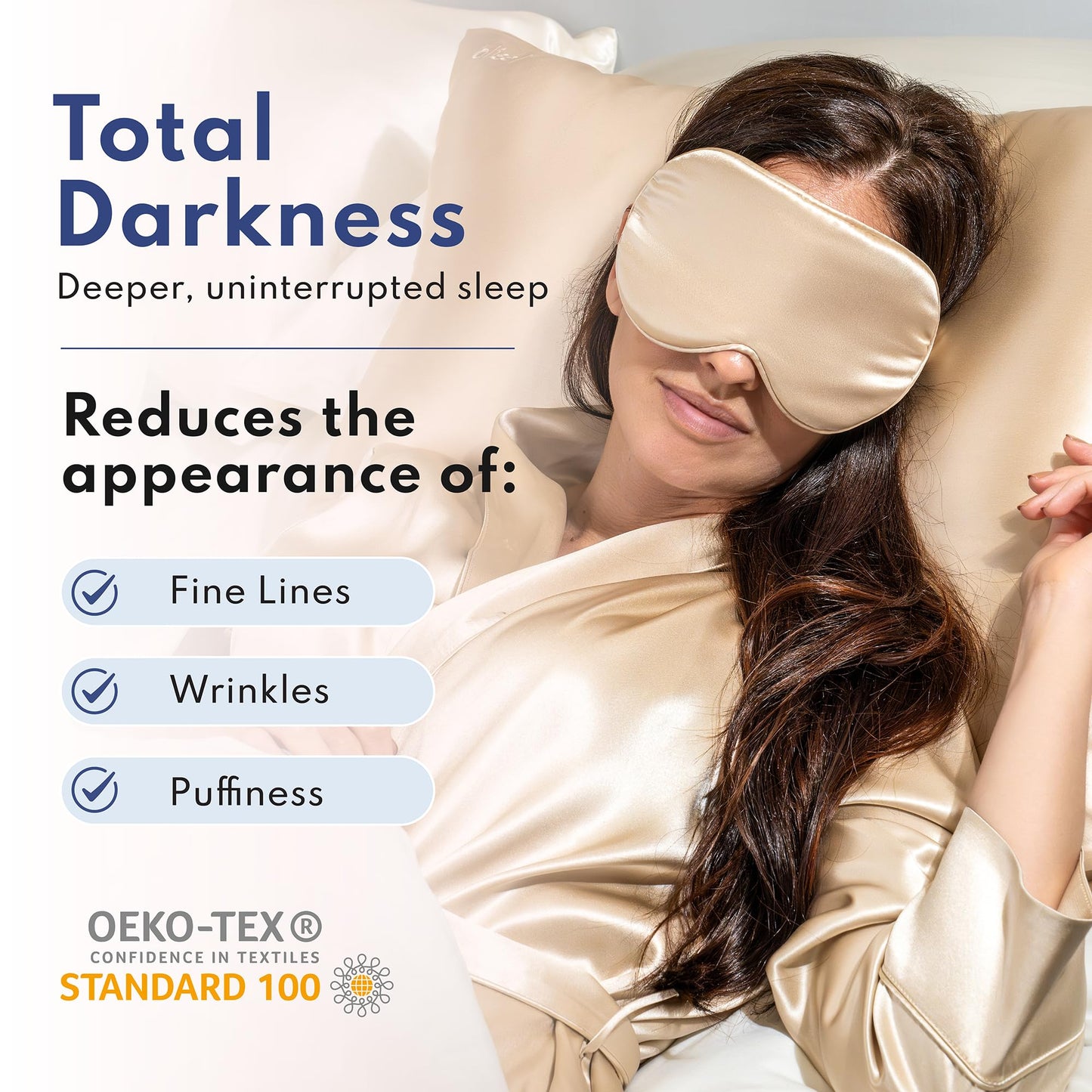 Blissy Silk Sleep Mask Profile - 100% Pure Mulberry Silk 22 Momme 6A Fibers Silk Eye Sleeping Mask for Women & Men for Total Blackout - Blindfold Silk Sleep Mask Side Sleeper Eye Cover (Champagne)