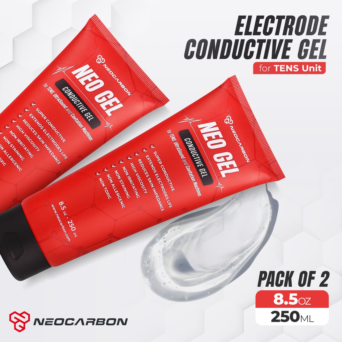 NEOCARBON Electrode Conductive Gel for TENS Unit, Doppler Ultrasound Device, Cavitation microcurrent Machine and Replacement Pads, Clear 2 Pack, 250 ml
