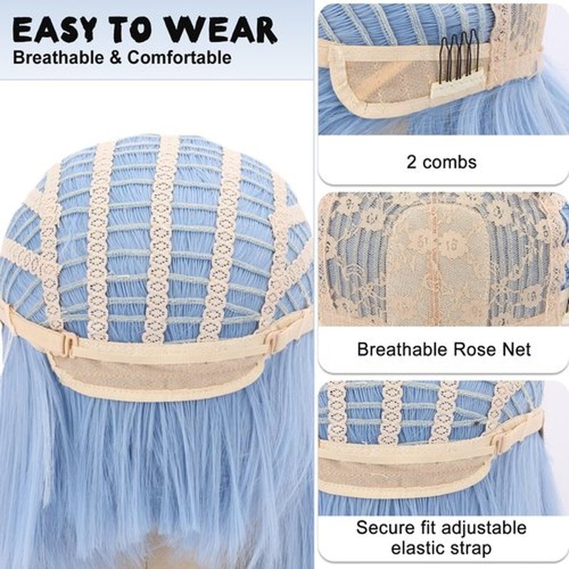 SUKRI Straight Blue Bob Wig 12 Inch Light Blue Bob Wigs for Women Middle Part Heat Resistant Synthetic Hair Natural Looking Costume Cosplay Halloween Party Use