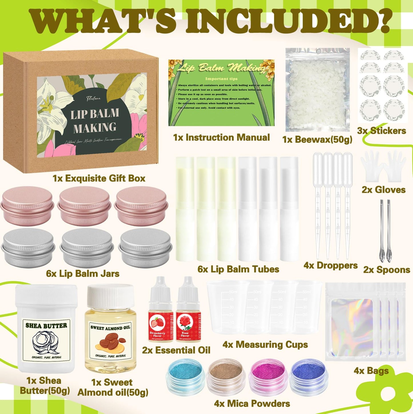 Thaluna Lip Balm Making Kit- Shea Butter Make Your Own Lip Balm for Adults, Moisturizing DIY Lip Gloss Kit with Beeswax, Sweet Almond Oil, Essential Oil, Empty Tubes, Christmas Gift for Girls & Women