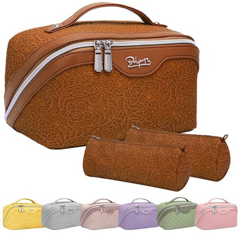 Travel Makeup Bags Cosmetic Organizer Bag: 3-Set Large Capacity Make up Bag - PU Leather Toiletry Bag for Women - Wide Open Portable Pouch with Divider & Handle (02-Z-Brown)