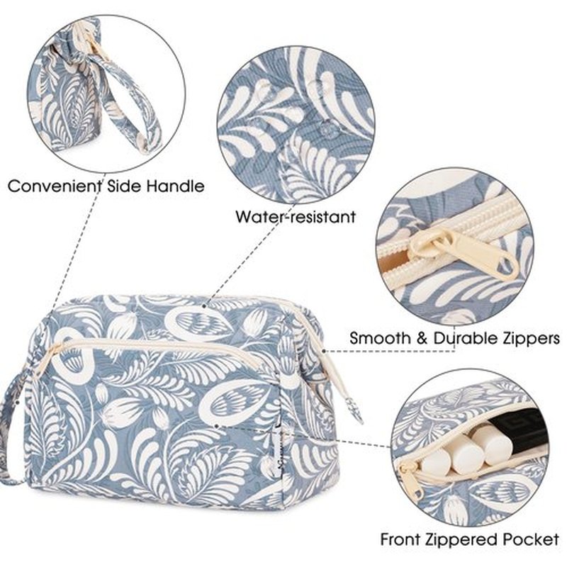Narwey Large Women Makeup Bag Wide-open Make up Bag Travel Cosmetic Organizer Toiletry Bag for Cosmetics Toiletries Accessories (Blue Leaf)