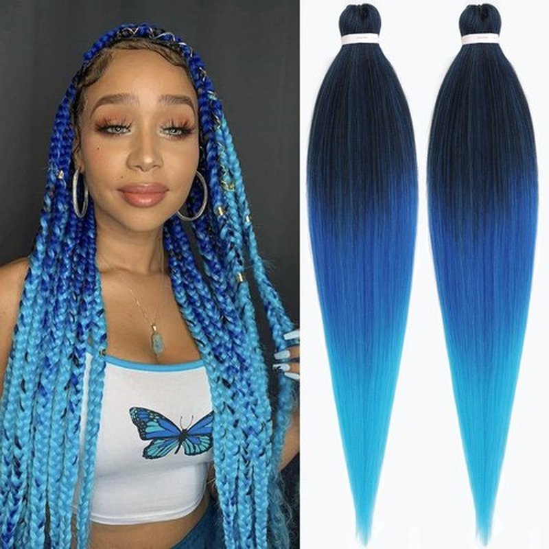 Unionbeauty Pre Stretched Braiding Hair 26 Inch Ombre Blue Braiding Hair 2 Packs EZ Braids Yaki Texture for Box Braids Hot Water Setting Crochet Braid Hair Extensions Synthetic Braiding Hair