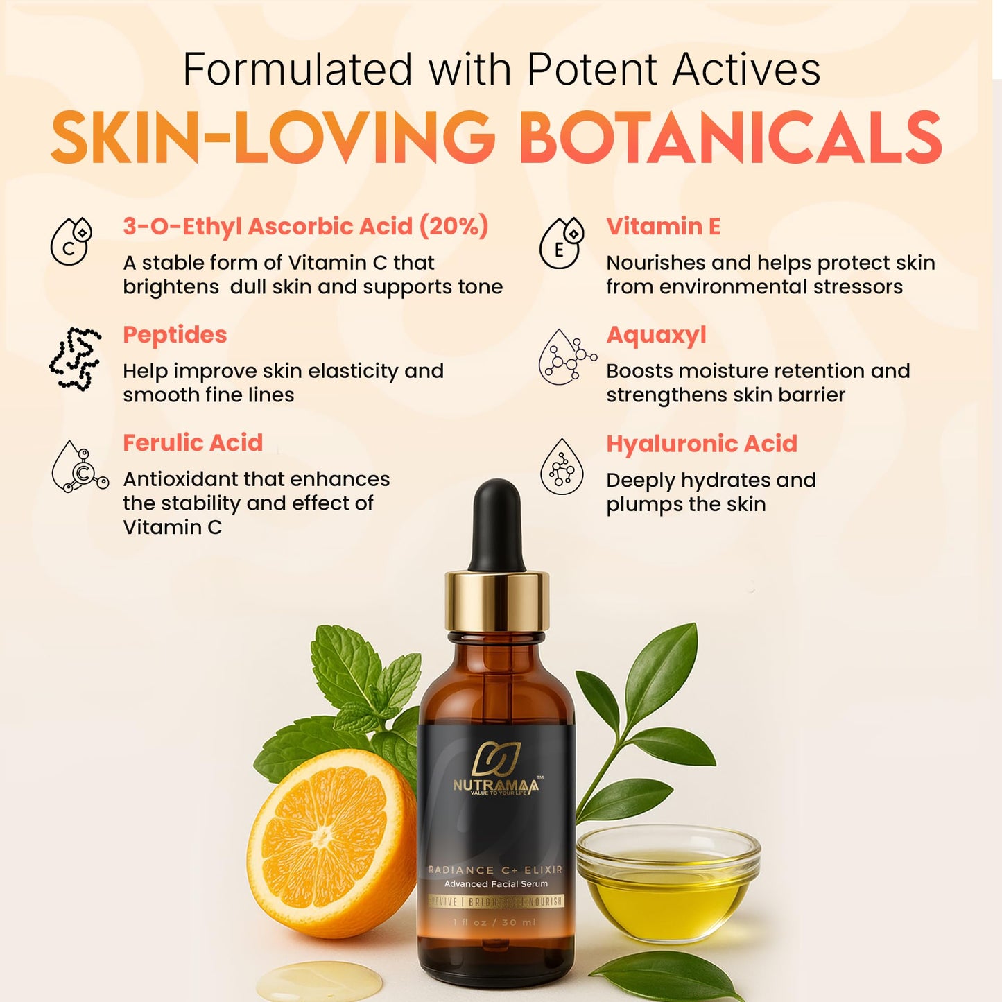 Radiance C+ Elixir 20% Vitamin C Face Serum with Hyaluronic Acid & Peptides, Ferulic Acid + Vitamin E – Brightening, Hydrating, Anti Aging & Antioxidant Facial Serum – Vegan Fragrance Free, 1 fl oz