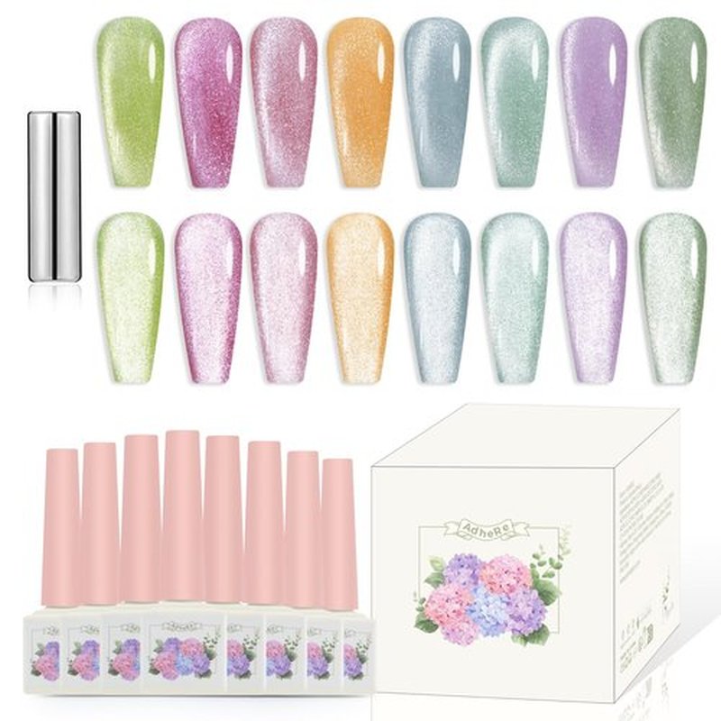 ADHERE Cat Eye Gel Nail Polish, Magnetic Gel Polish Set 12ml 8 Colors with 1 Magnet Sticks, Cat Eye Effect Nail Gel Soak off Nail Art Gift for Ladies ﻿