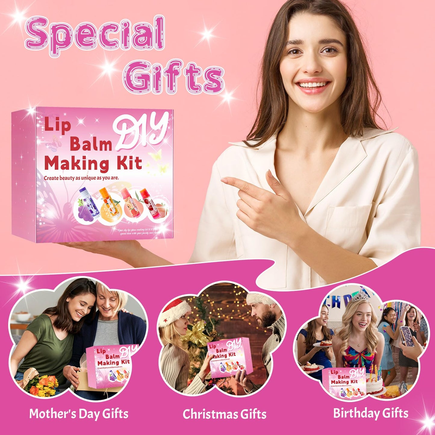 WhizToys DIY Lip Balm Making Kit for Adults to Make Your Own Moisturizing Lip Balms with Natural Beeswax, Lip Base Oil, Essential Oil, Empty Lip Balm Tubes，Birthday Christmas Gift