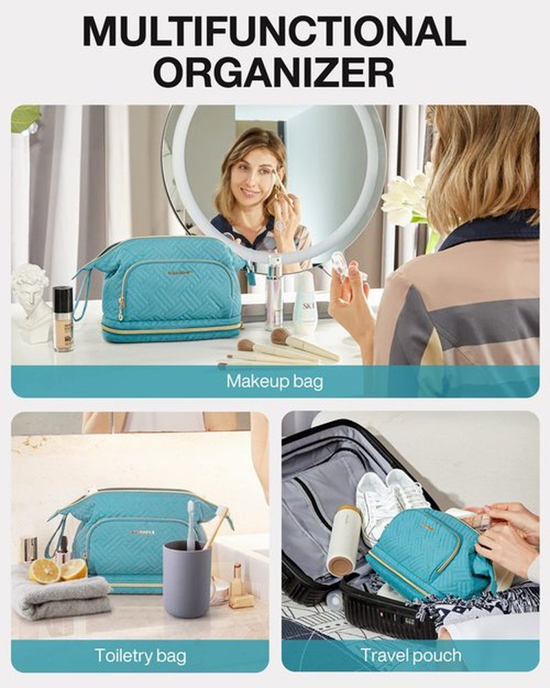 BAGSMART Travel Makeup Bag, Cosmetic Bag Make Up Organizer Case, Large Wide-open Pouch for Women Double Layers Purse for Toiletries Accessories Brushes Teal
