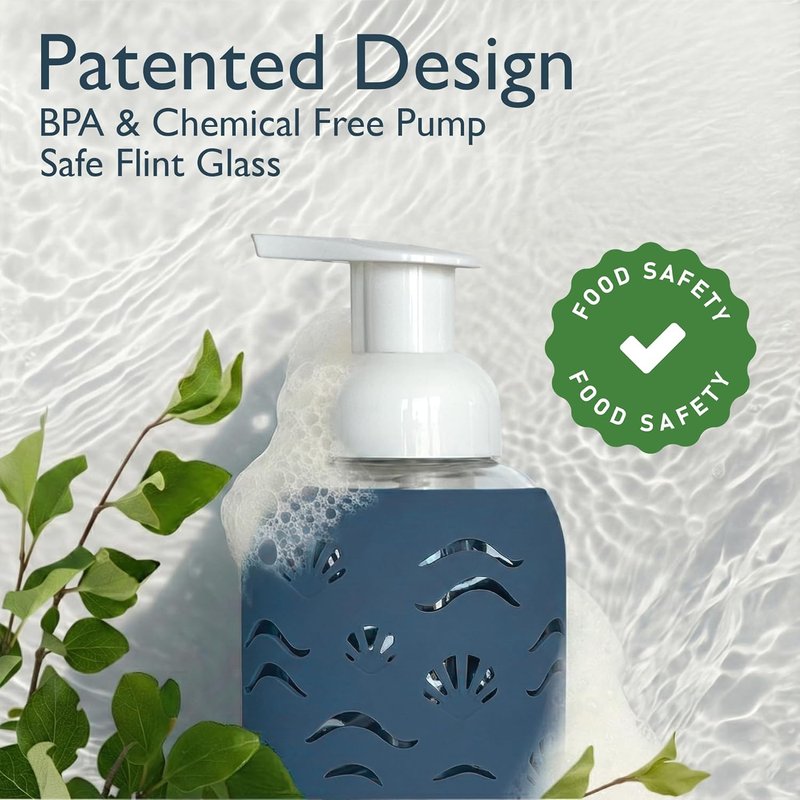 Foaming Glass Hand Soap Dispenser with Pump - Refillable Kitchen & Bathroom Soap Bottle | Storm Blue 8oz, Non-Slip Silicone Sleeve