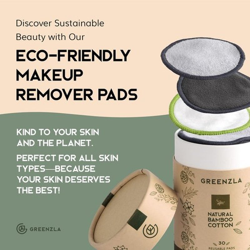 Greenzla Reusable Makeup Remover Pads, 30 Pack Washable Bamboo Cotton Pads Reusable with Mesh Laundry Bag, Cotton Travel Pouch, Cotton Pads Holder, Reusable Cotton Rounds for Face for All Skin Types