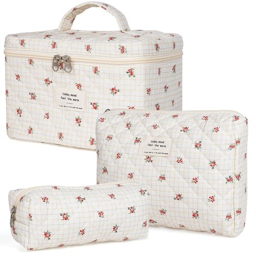 Makeup Bag,Quilted Cosmetic Bag,Large Floral Make Up Bag for Women,Cotton Makeup Bag Set,Flower Travel Toiletry Bag