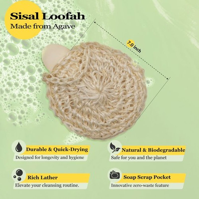 Natural Handwoven Sisal Loofah Body Scrubber - Organic Shower Sponge Made from Premium Agave Fibers - Arabic-Turkish Style with Bar Soap Pouch - Natural Body Scrubber for Men & Women (3-Pack)