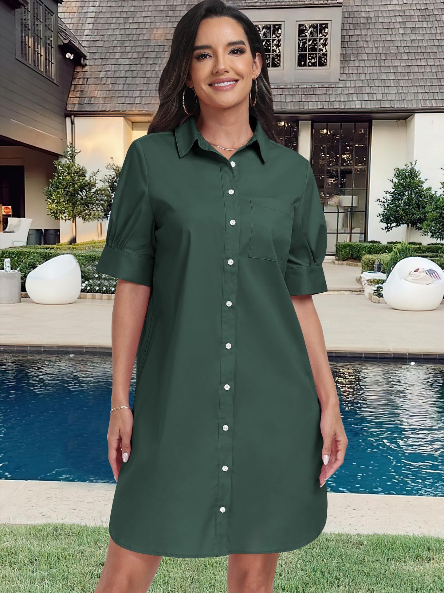 ANRABESS Womens Button Down Shirt Dress Summer Short Sleeve Business Casual Shift Dresses with Pockets 2026 Trendy Army Green Small