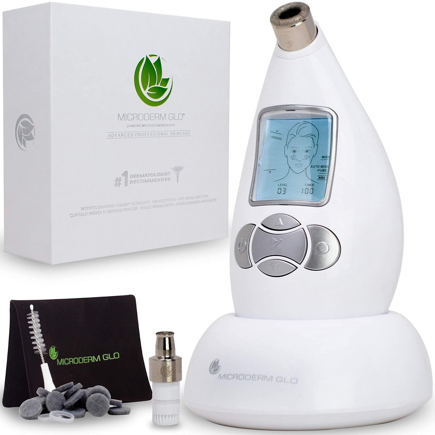 Microderm GLO Complete Skincare Package Includes Diamond Microdermabrasion System, Premium, Fine, Massage Tips, 10mm Filters 100 pack, Peptide Complex Serum & Sonic Facial Cleansing Brush (Silver)