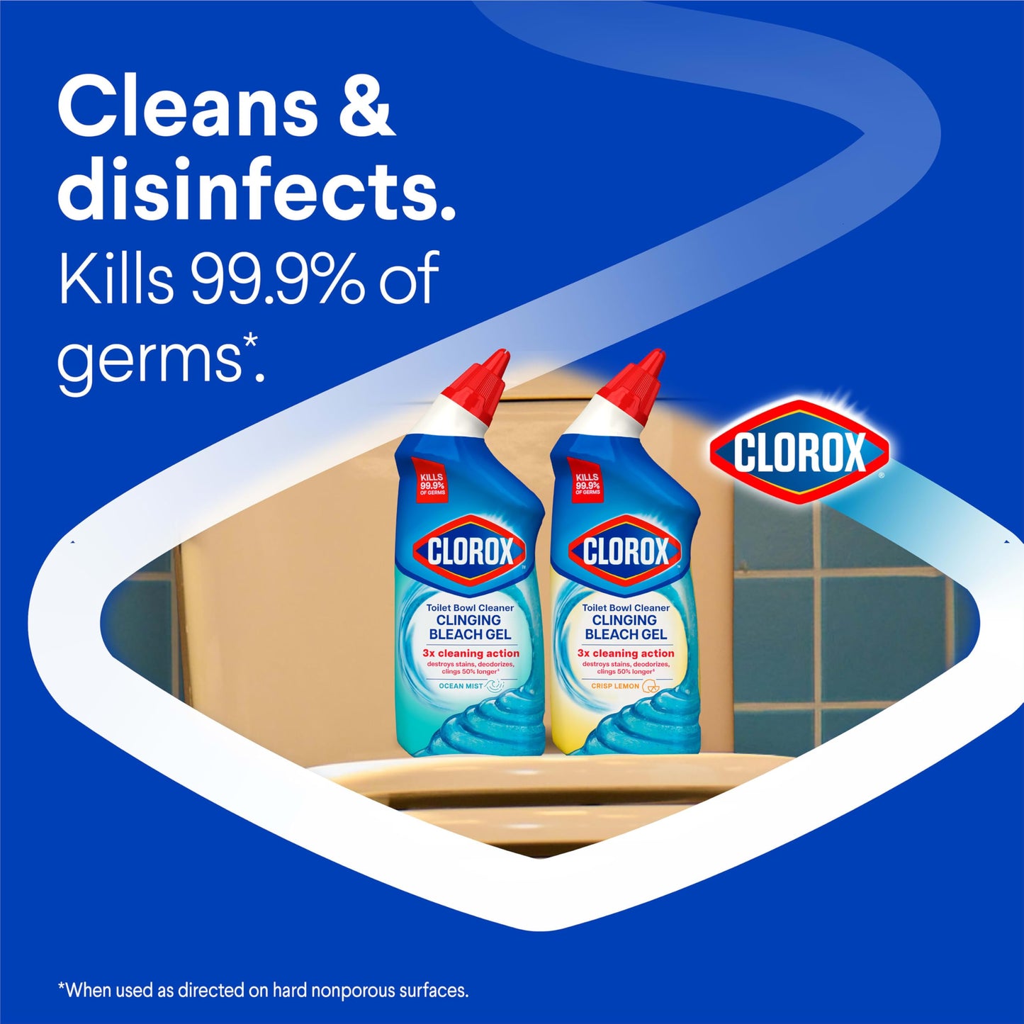 Clorox Toilet Bowl Cleaner Clinging Bleach Gel, Kills 99.9% of Bacteria and Viruses, Ocean Mist, 24 Fl Oz, Pack of 2