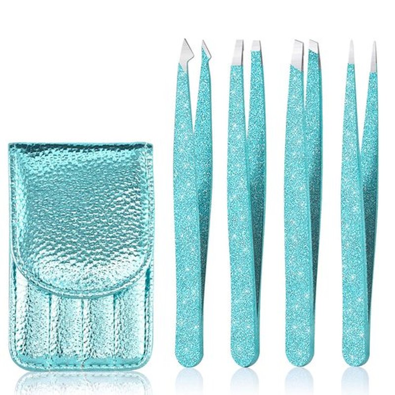 Amytor Eyebrow Tweezer Set, 4 Pcs Professional Stainless Steel Tweezers for Women, Precision Tweezer for Facial Hair, Splinter and Ingrown Hair Removal（Cyan）