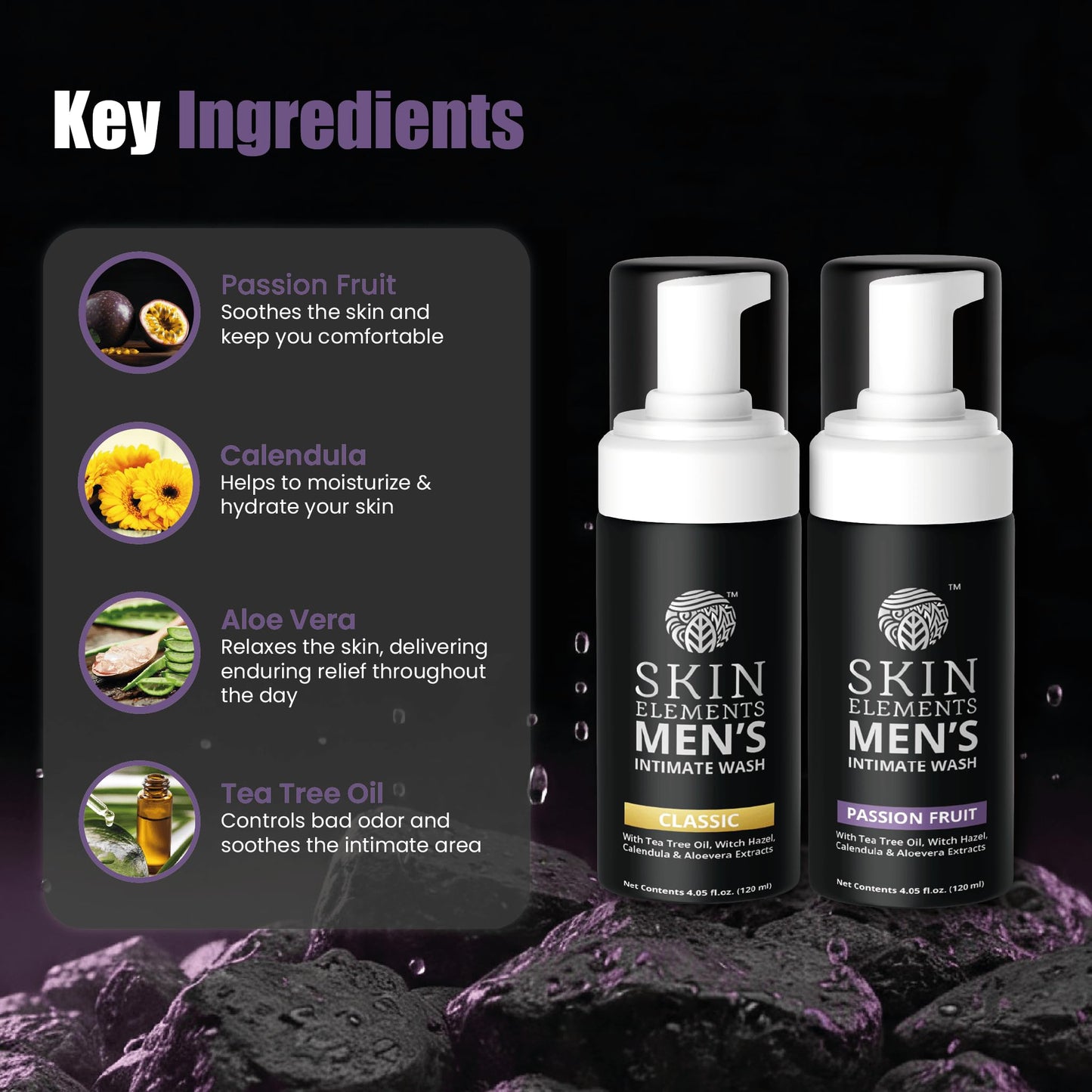 Skin Elements Men's Intimate Wash Combo | Pack of 2 | Jabon Intimo Hombre | Tea Tree Oil + Passion Fruit | pH Balanced Foaming Wash | Soothes, Refreshes & controls Bad Odor | (240 ml)