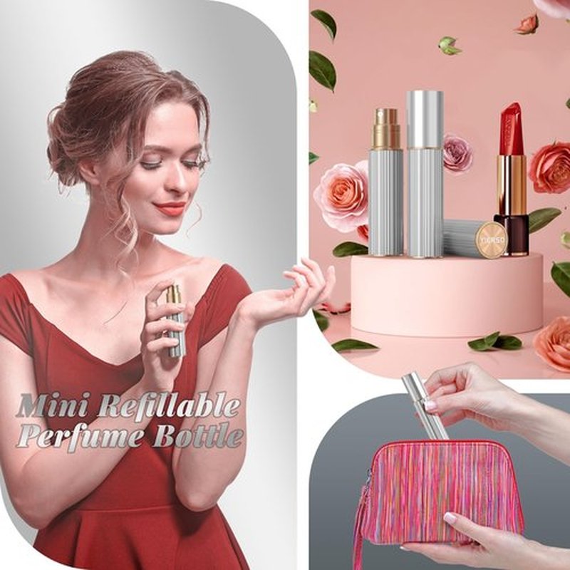 YIERSO 5ml Perfume Travel Refillable Bottle,Bottom-Filling Perfumes Atomizer,Mini Cologne Dispenser, Portable Fragrances Sprayer Pocket Size Perfume Container for Women Men Cruise Trip Gift (Silver)