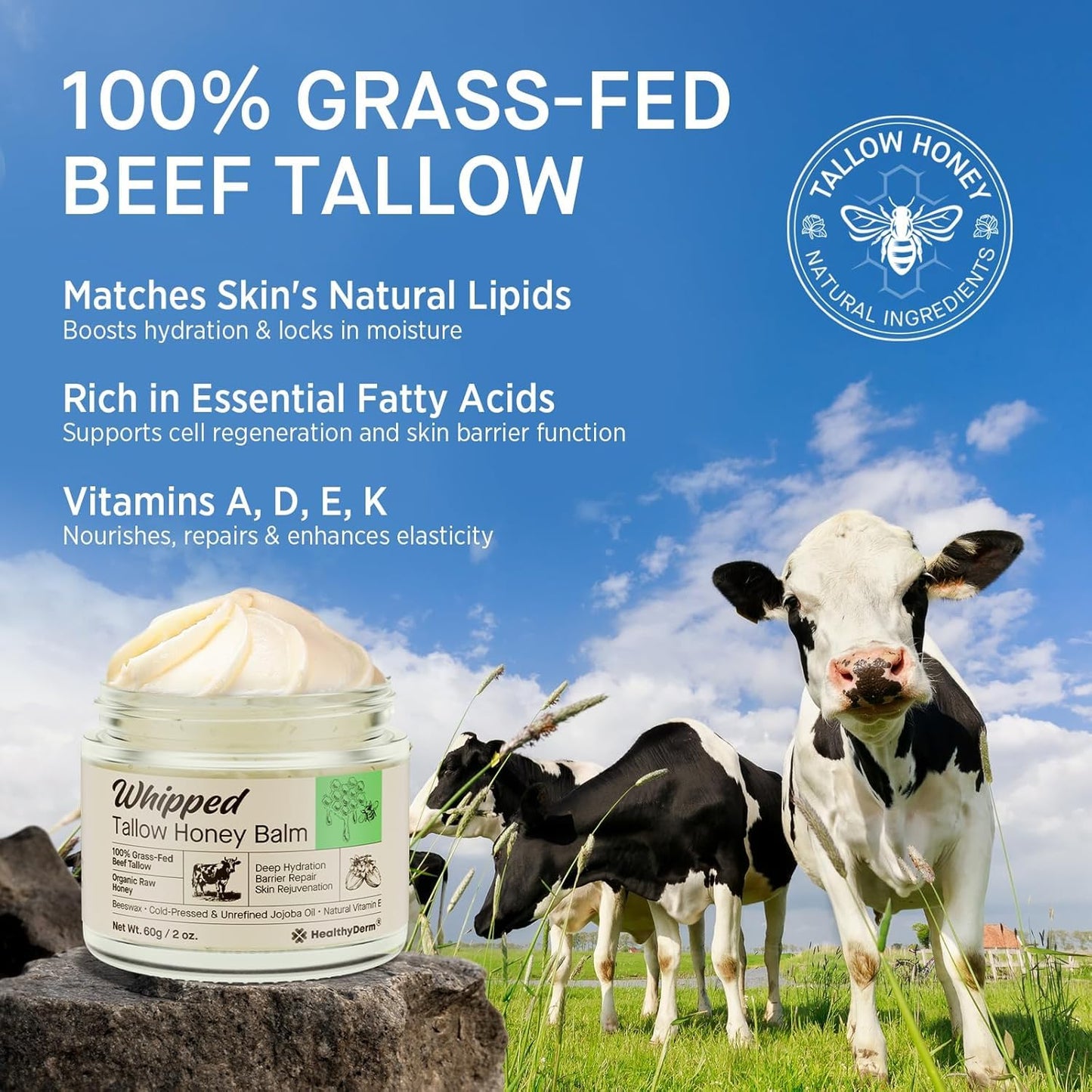 Beef Tallow Honey Balm for Skin: 100% Grass Fed Whipped Organic Moisturizer with Organic Raw Honey, Jojoba Oil, Vitamin E – Natural Face and Body Care for Mature, Dry or Sensitive Skin, 4oz